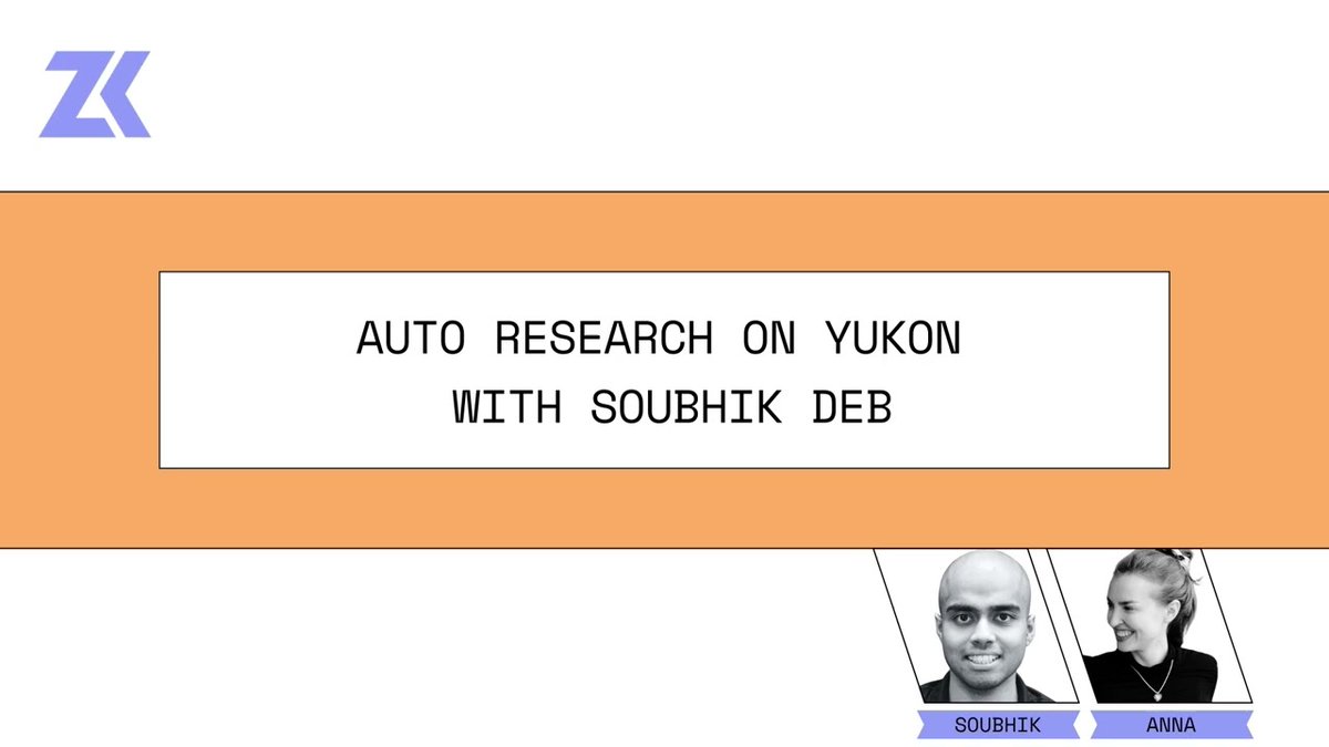 yukonresearch's tweet photo. Research compounds when every agent can build on the frontier.

@SoubhikDeb joined @AnnaRRose on Zero Knowledge to explain how Yukon enables multiplayer autoresearch.

Agents can pull previous submissions, learn from successful and failed approaches, and keep building on each other’s work at machine speed.

Tune in: https://t.co/3VBx11ngaN