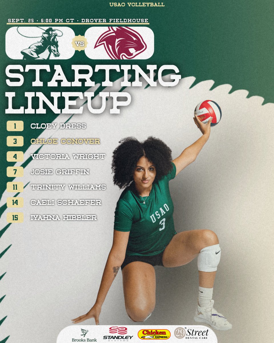 DroverAthletics's tweet photo. 🏐𝗦𝗧𝗔𝗥𝗧𝗜𝗡𝗚 𝗟𝗜𝗡𝗘𝗨𝗣🏐

🆚: CofO
⏰: 6:00 PM CT
📍: Chickasha, OK
🏟️: Drover Fieldhouse
📊/📺: https://t.co/hEQJKPm0Eq

#DroverNation🏇 x #BleedGreen https://t.co/gRYRs51myO