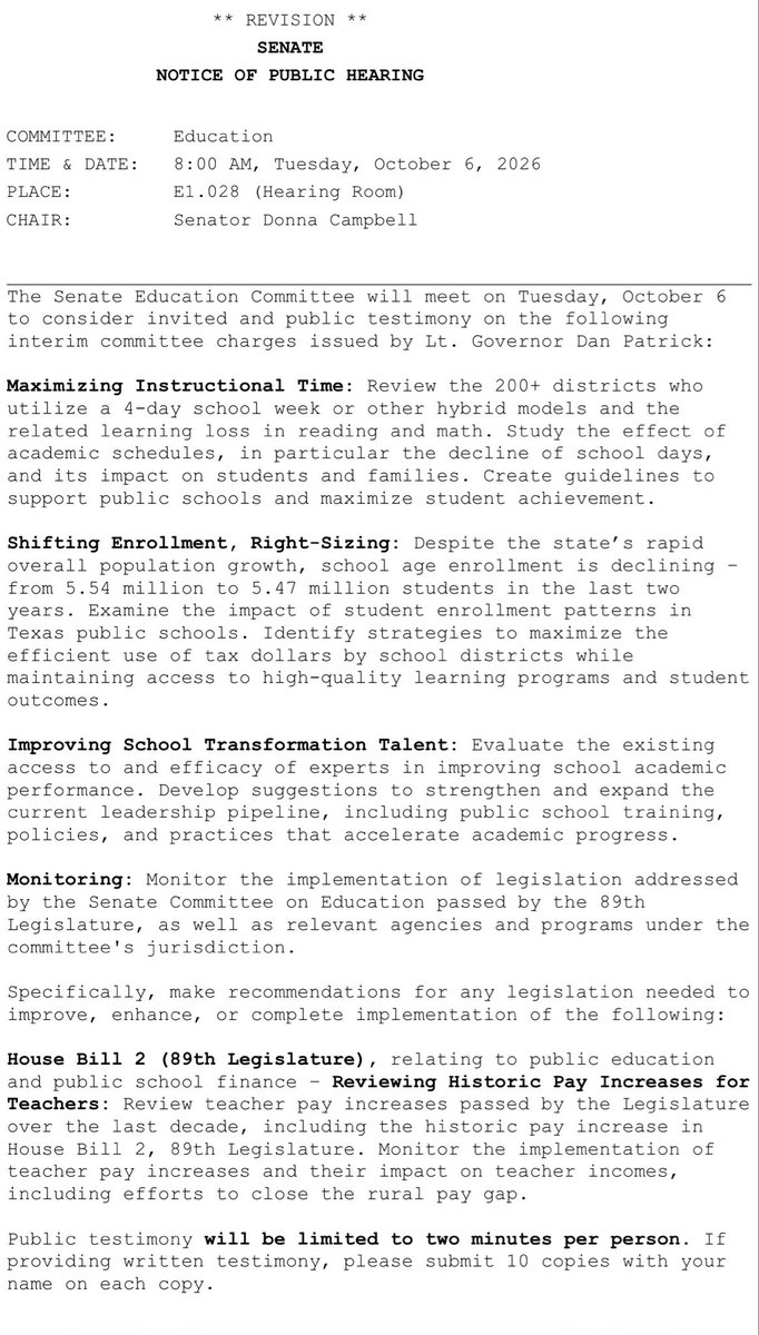 TASB_GR's tweet photo. Senate Education Committee meets 10/6 and 10/7 at 8 am each day. 

Public testimony - 2 minutes per person. #txlege 

View hearing notices: 

https://t.co/0VbECjWI7U

Watch live: 

https://t.co/JH0iiLJ3dP https://t.co/AOEbutFfbS