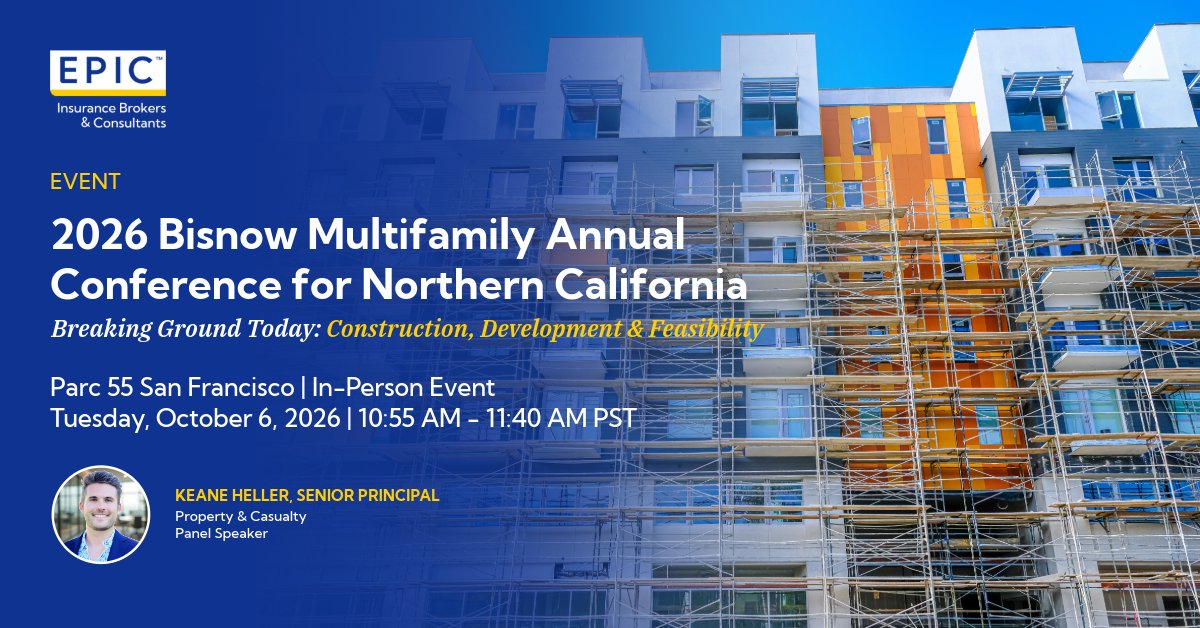 EPIC_Insurance's tweet photo. Excited to share that Keane Heller from our Real Estate practice will join the panel "Breaking Ground Today: Construction, Development &amp; Feasibility" at the @Bisnow Multifamily Annual Conference Northern California on October 6 in San Francisco. Register: https://t.co/UQOo3zVuNm https://t.co/2TNEE0qoCm