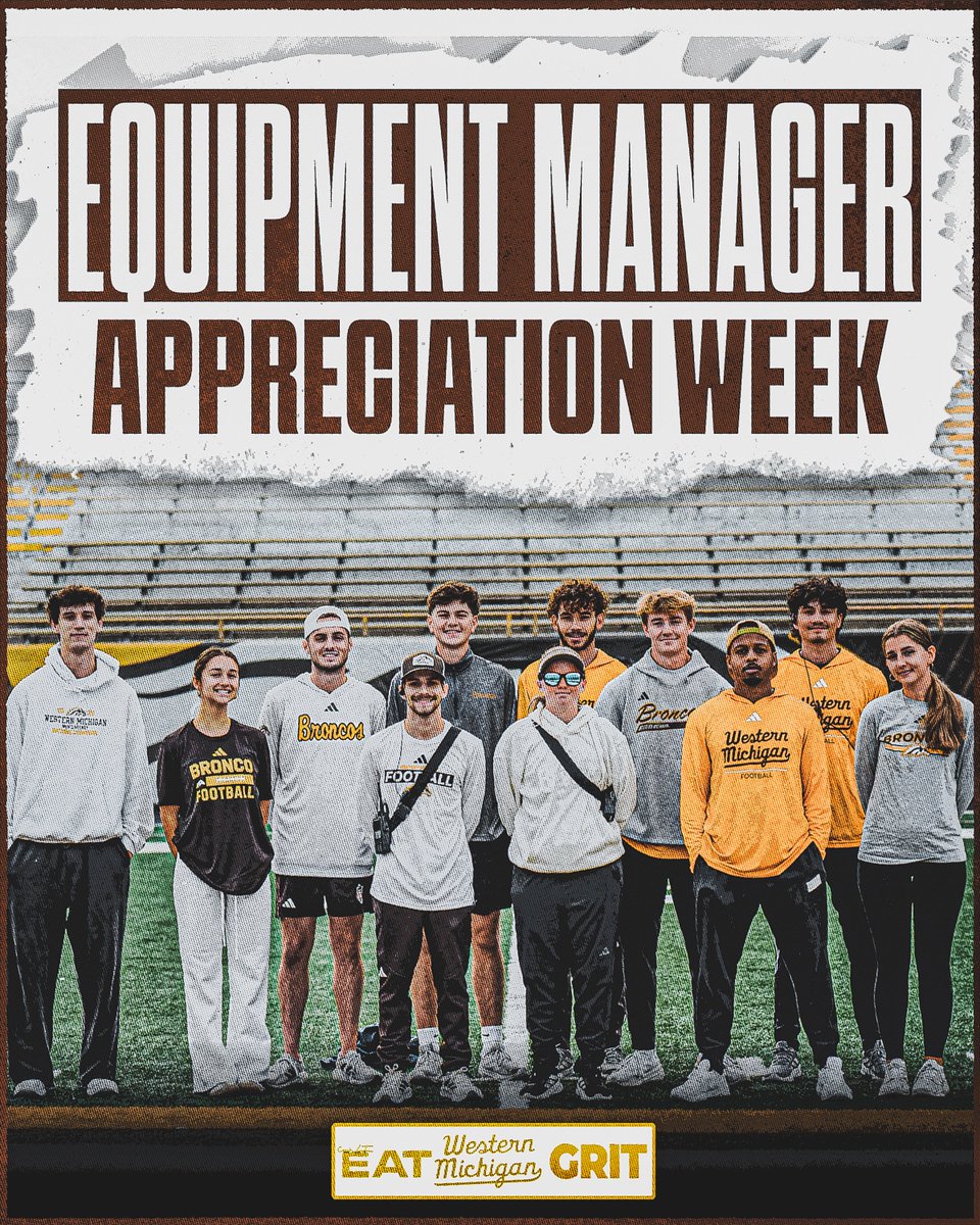 WMU_Football's tweet photo. Celebrating our EQ staff this week for Equipment Manager Appreciation Week! Thank you to our staff for everything they do and elevating the standard everyday. 

#theGOLDstandard📈 https://t.co/BiqtvqzZyi