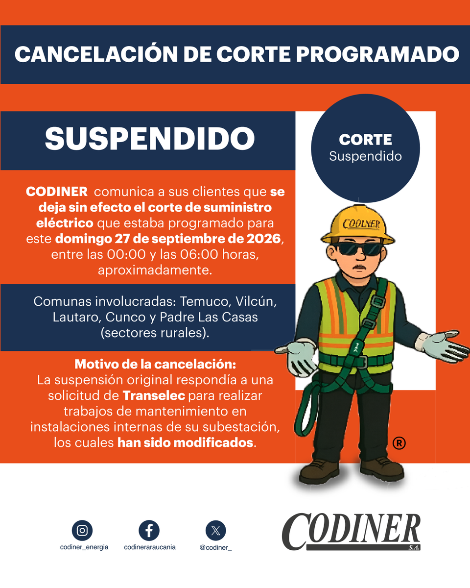 Codiner_'s tweet photo. AVISO IMPORTANTE: Se cancela corte de luz programado
CODINER  comunica a sus clientes que se deja sin efecto el corte de suministro eléctrico que estaba programado para este domingo 27 de septiembre de 2026, entre las 00:00 y las 06:00 horas, aproximadamente. https://t.co/Ac0zKyOBbt
