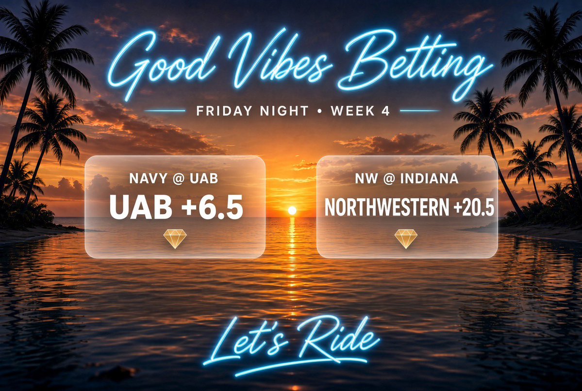 betGoodVibes's tweet photo. Friday night.

Navy opened -11.5 at UAB. Sitting -6.5. Woodson sprained the ankle at FAU. The number already walked five points. Take the hook.

UAB +6.5. Shop +7.

Indiana opened -23.5. Sitting -20.5. Public is still laying a team that has beaten North Texas, Howard, and Western Kentucky. Northwestern just dropped 41 on Colorado.

Northwestern +20.5. Shop +21.

One unit each.

Let’s ride
