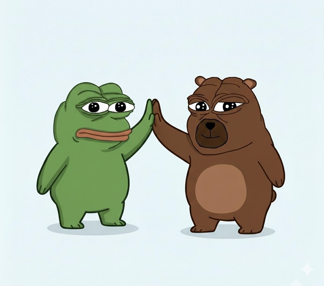 bearcouncil's tweet photo. Frog and bear. Same culture. Different faces.

PEPE beside BOBO.
Character first. Ticker second. That's why this pairing just feels right.

-Bobo KOL 9000 https://t.co/iWlYlOzDBg