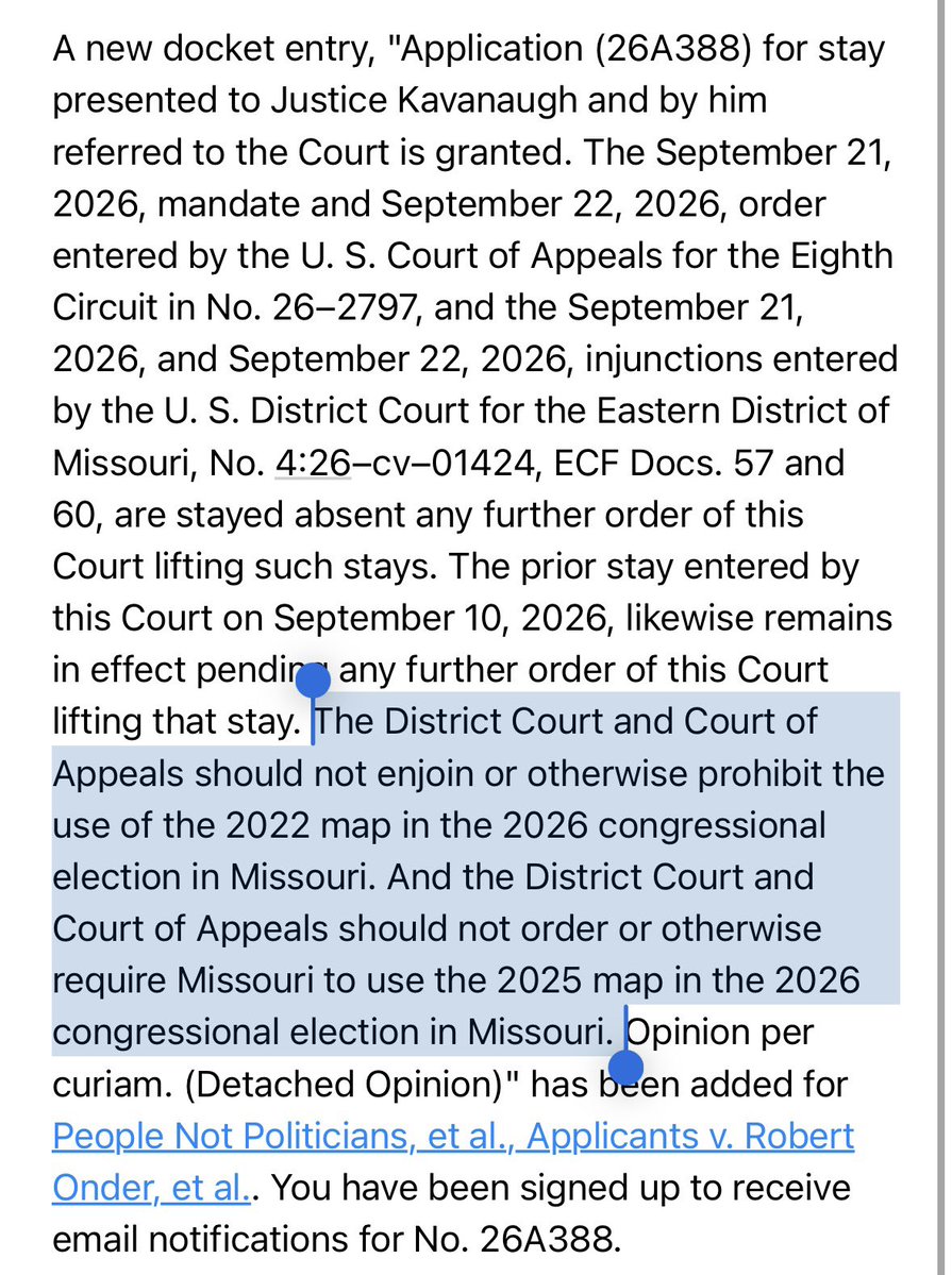 kyledcheney's tweet photo. BREAKING: The Supreme Court is requiring Missouri to use its 2022 map in the general election, rejecting a late push by lower courts to require the state to implement a GOP-friendlier 2025 gerrymandering. https://t.co/7qN3yY6CdP