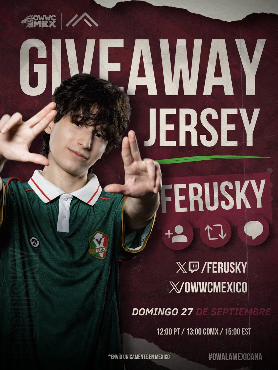 OWWCMexico's tweet photo. ¡Gana una jersey con @ferusky ! 🇲🇽🔥

Cómo participar: 
• Síguenos @OWWCMexico 
• Sigue a @ferusky en X y en Twitch
• Repostea 🔁
• Comenta para ferusky 💬

🏆Ganador: 27 de septiembre en vivo por ferusky 

📦 Envíos únicamente en México 
📍Área metropolitana: envío gratis https://t.co/dHhg2fPuZe