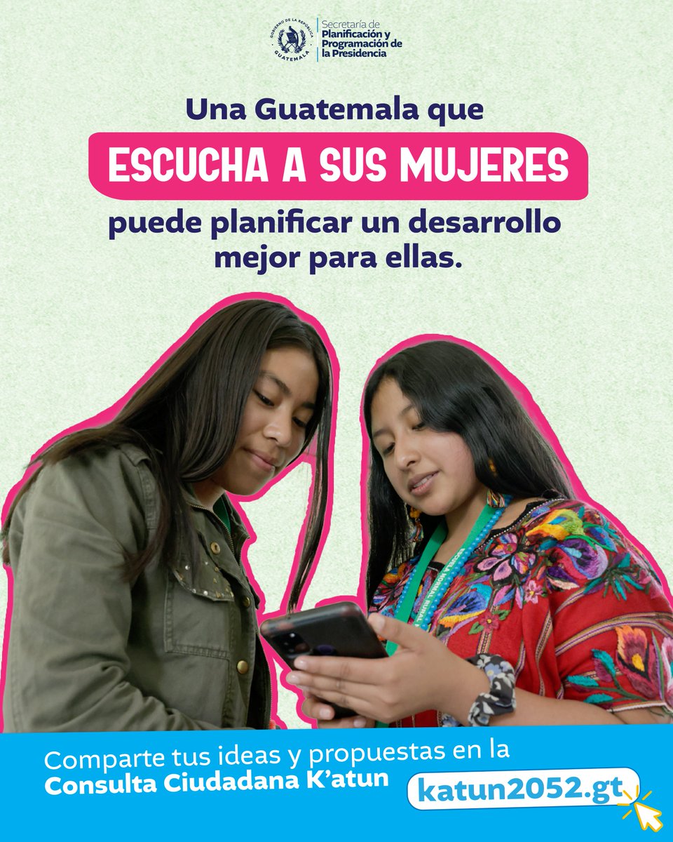 Segeplan's tweet photo. La voz de las mujeres también construye el futuro de Guatemala. 🇬🇹👩
Comparte tus ideas y sé parte de la actualización del Plan Nacional de Desarrollo K’atun.
🌐 Participa en https://t.co/kZw5shu7DF
#PlanKatun #ConsultaCiudadana #RumboAl205 https://t.co/eRCCAVpiZZ