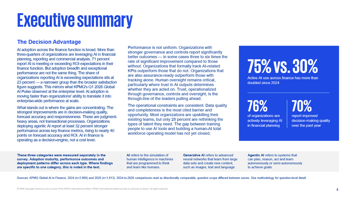 NeverRed_Asaka's tweet photo. 経理・財務でAIを使う会社は、2年で30%から75%に増えた。
KPMGが20カ国の財務幹部1,013人に聞いた結果だ。

ただ、期待を上回る効果が出た会社は23%しかない。
効果が大きいのは、定型処理より判断が要る仕事の方だった。
登録なしで全文を読める。
https://t.co/o1dtHGRmpE https://t.co/0rHRBLKuEn