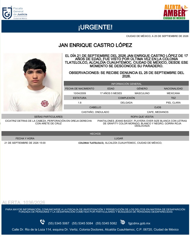 AAmberCDMX's tweet photo. Se activa #AlertaAmber para localizar a Jan Enrique Castro López, de 17 años, visto por última vez el pasado 21 de septiembre, en la colonia Tlatelolco, alcaldía Cuauhtémoc. https://t.co/fGVGC0PtYy