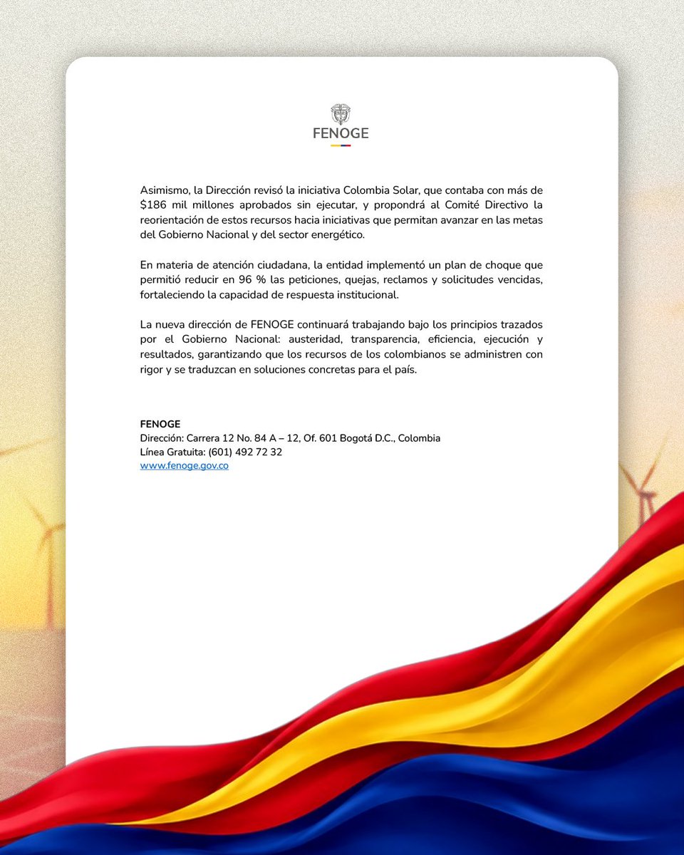 FondoFenoge's tweet photo. Atendiendo los lineamientos de austeridad del presidente de la República, Abelardo De La Espriella, nuestra directora ejecutiva del #FENOGE, Melba Rocío Pérez Tuta, renunció de manera libre y voluntaria al incremento de honorarios aprobado para su cargo. Mantendrá la remuneración establecida anteriormente.
Conoce todos los detalles en el comunicado adjunto o en nuestra página web 👉 https://t.co/8H32tuHF9I