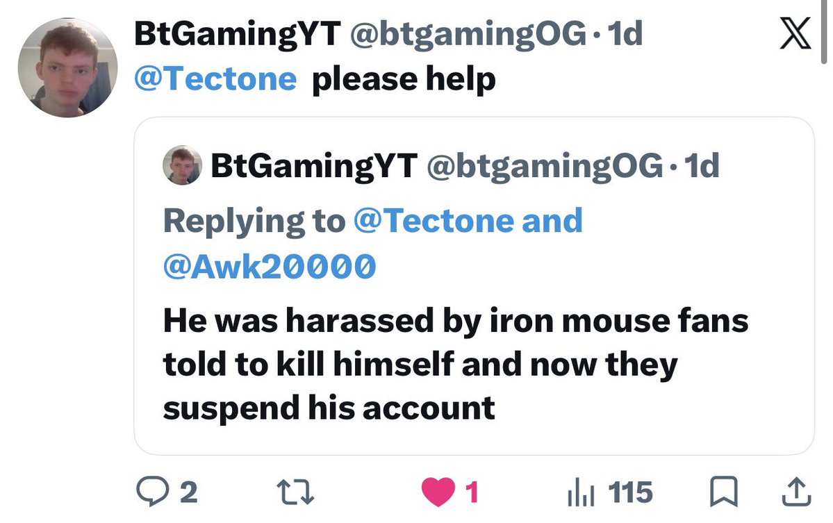 btgamingOG's tweet photo. @TemplarsVoice @shinywhitecat My friends personal account got suspended for iron mouse fans doing a campaign to get him suspended https://t.co/iX3i6DV2TN