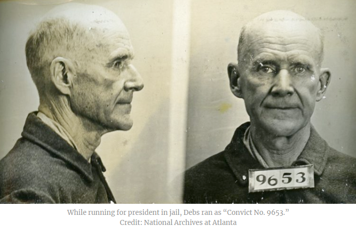 ArmstrongEcon's tweet photo. It was Woodrow Wilson who sent the Department of Justice to imprison Eugene Victor Debs (1855–1926), a political opponent in the presidential election who was anti-war. 

Wilson used his speech against the Wilson administration for its support of World War I. Wilson was vicious and called Debs a “traitor to his country.” On June 16th, 1918, Debs made a speech in Canton, Ohio, where he urged resistance to the military draft imposed by Wilson. 

For that, he was arrested on June 30th and charged with ten counts of sedition. Eugene Victor Debs was sentenced to 10 years in prison to advocating resistance to the draft.