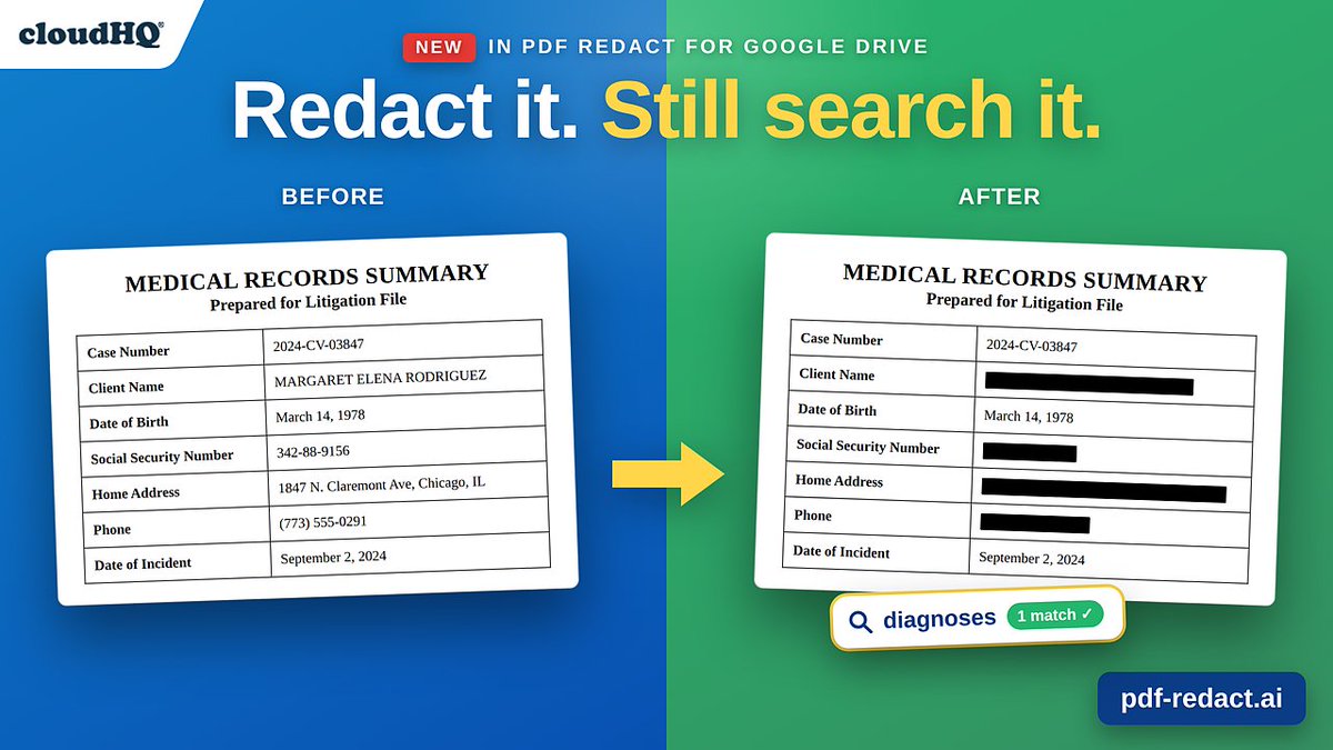 cloudHQ's tweet photo. Scanned PDFs can't be searched. Redacting one used to make that permanent.

New in PDF Redact: convert the scan to text, let AI black out the sensitive info, keep the search. https://t.co/QgoXRZsQvb