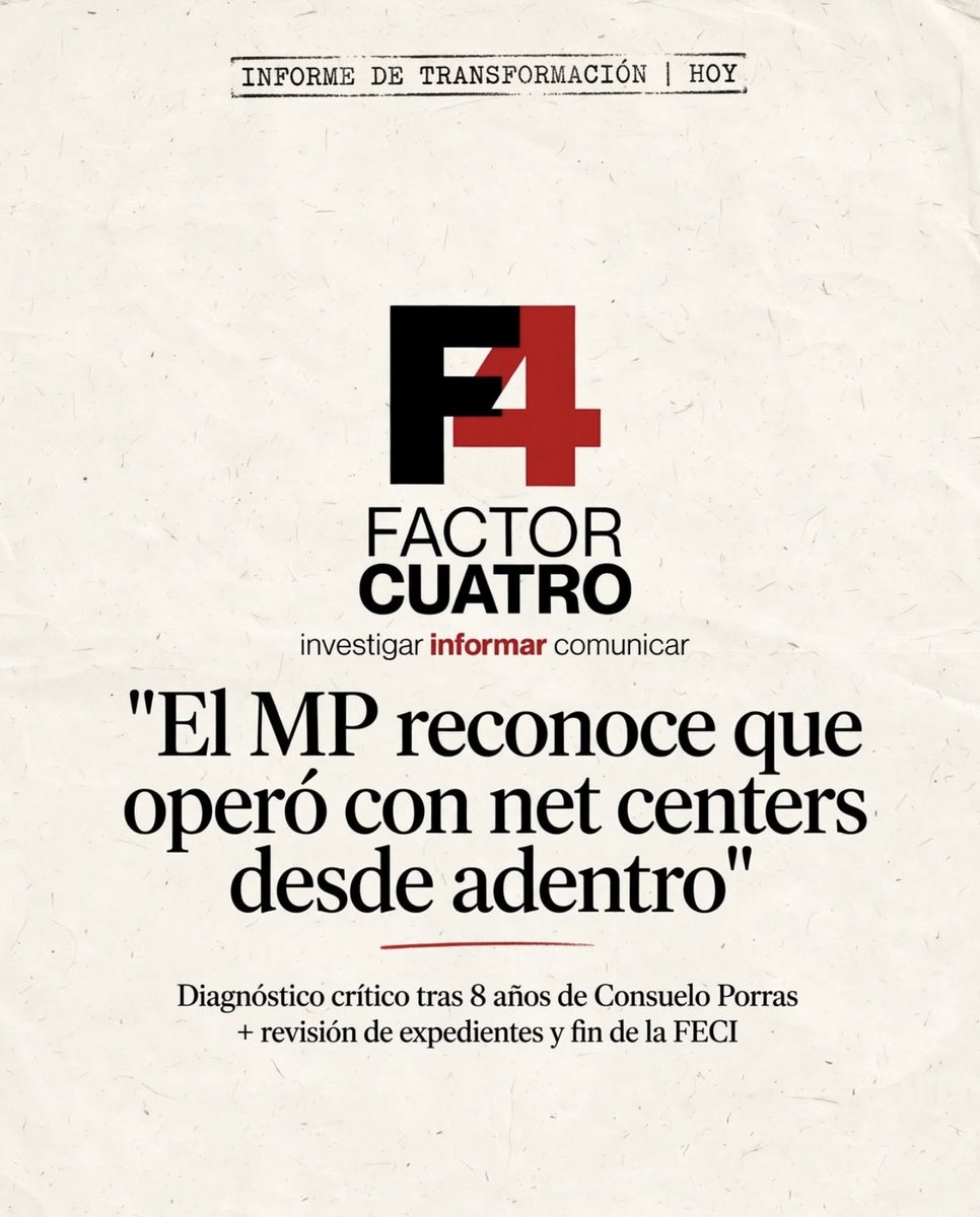 Factor4_GT's tweet photo. El nuevo MP, en su informe, no solo dijo que recibió un MP en ruinas tras 8 años de Porras

Esta mañana, en la presentación de su informe, la nueva administración del @MPguatemala admitió algo que nunca se había dicho oficialmente: que los net centers operaban DESDE ADENTRO de la institución y que revisará quiénes eran. 

Diagnóstico que presentaron hoy:

➡️  Fallas administrativas y financieras
➡️  Fallas tecnológicas
➡️  Mal manejo de denuncias
➡️  Prácticas que requieren revisión

Lo que viene:

➡️ Revisión de expedientes desestimados 
➡️ Desaparece la FECI como tal
