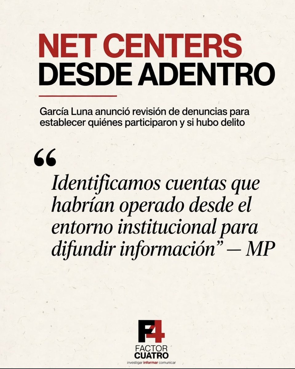 Factor4_GT's tweet photo. El nuevo MP, en su informe, no solo dijo que recibió un MP en ruinas tras 8 años de Porras

Esta mañana, en la presentación de su informe, la nueva administración del @MPguatemala admitió algo que nunca se había dicho oficialmente: que los net centers operaban DESDE ADENTRO de la institución y que revisará quiénes eran. 

Diagnóstico que presentaron hoy:

➡️  Fallas administrativas y financieras
➡️  Fallas tecnológicas
➡️  Mal manejo de denuncias
➡️  Prácticas que requieren revisión

Lo que viene:

➡️ Revisión de expedientes desestimados 
➡️ Desaparece la FECI como tal