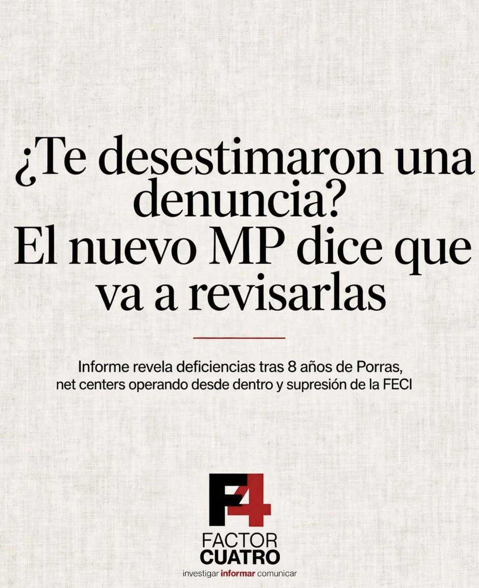 Factor4_GT's tweet photo. El nuevo MP, en su informe, no solo dijo que recibió un MP en ruinas tras 8 años de Porras

Esta mañana, en la presentación de su informe, la nueva administración del @MPguatemala admitió algo que nunca se había dicho oficialmente: que los net centers operaban DESDE ADENTRO de la institución y que revisará quiénes eran. 

Diagnóstico que presentaron hoy:

➡️  Fallas administrativas y financieras
➡️  Fallas tecnológicas
➡️  Mal manejo de denuncias
➡️  Prácticas que requieren revisión

Lo que viene:

➡️ Revisión de expedientes desestimados 
➡️ Desaparece la FECI como tal