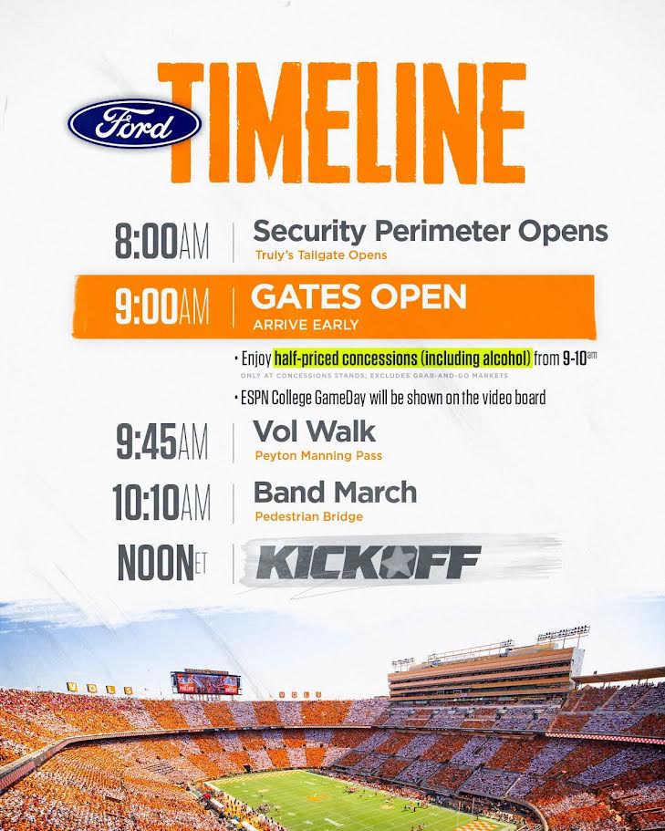 UTPolice's tweet photo. 🏈 Tomorrow: 📣 Noteworthy pregame events: 
✅ @CollegeGameDay on the Hill
✅ Checker Neyland
✅ Stadium gates open at 9 a.m.
✅ Vol Walk &amp; Pride of the Southland Band traditions
Plan ahead, arrive early, &amp; be ready for larger crowds 
🔗 Gameday info: https://t.co/glCqUdCBZx https://t.co/GuFNMogmn6
