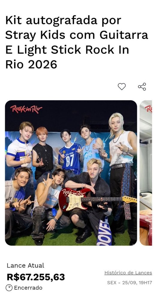 becabyknow's tweet photo. A GUITARRA DO STRAY KIDS FOI VENDIDA POR 67 MIL REAIS, SENDO O ITEM LEILOADO MAIS CARO DE TODA HISTÓRIA DO FESTIVAL. STRAY KIDS VOCÊS SÃO GIGANTES!!!!! https://t.co/UG7ftD6goP