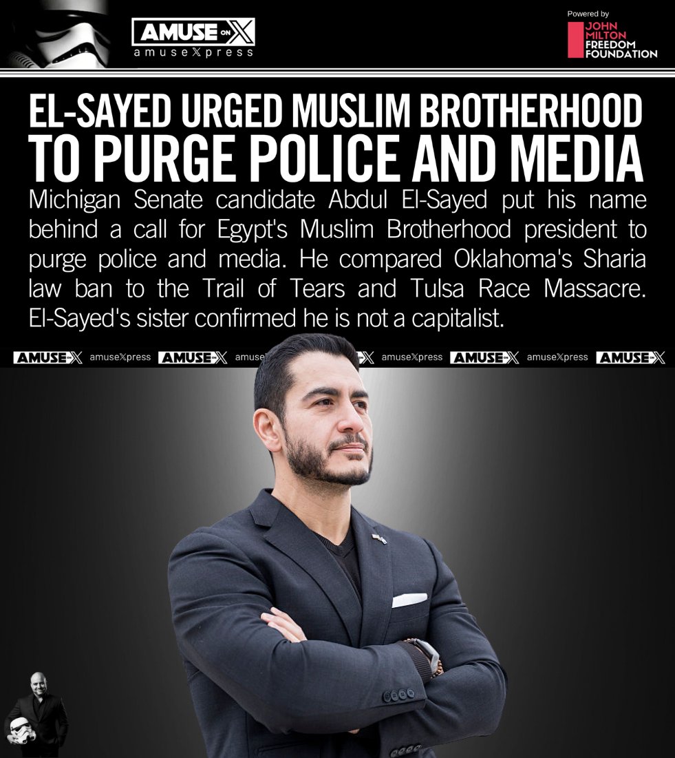 amuse's tweet photo. ISLAMIFICATION: The Islamic Marxist running for the U.S. Senate in Michigan has compared bans on sharia law to genocide and has called for the arrest of Republicans by the Muslim Brotherhood.