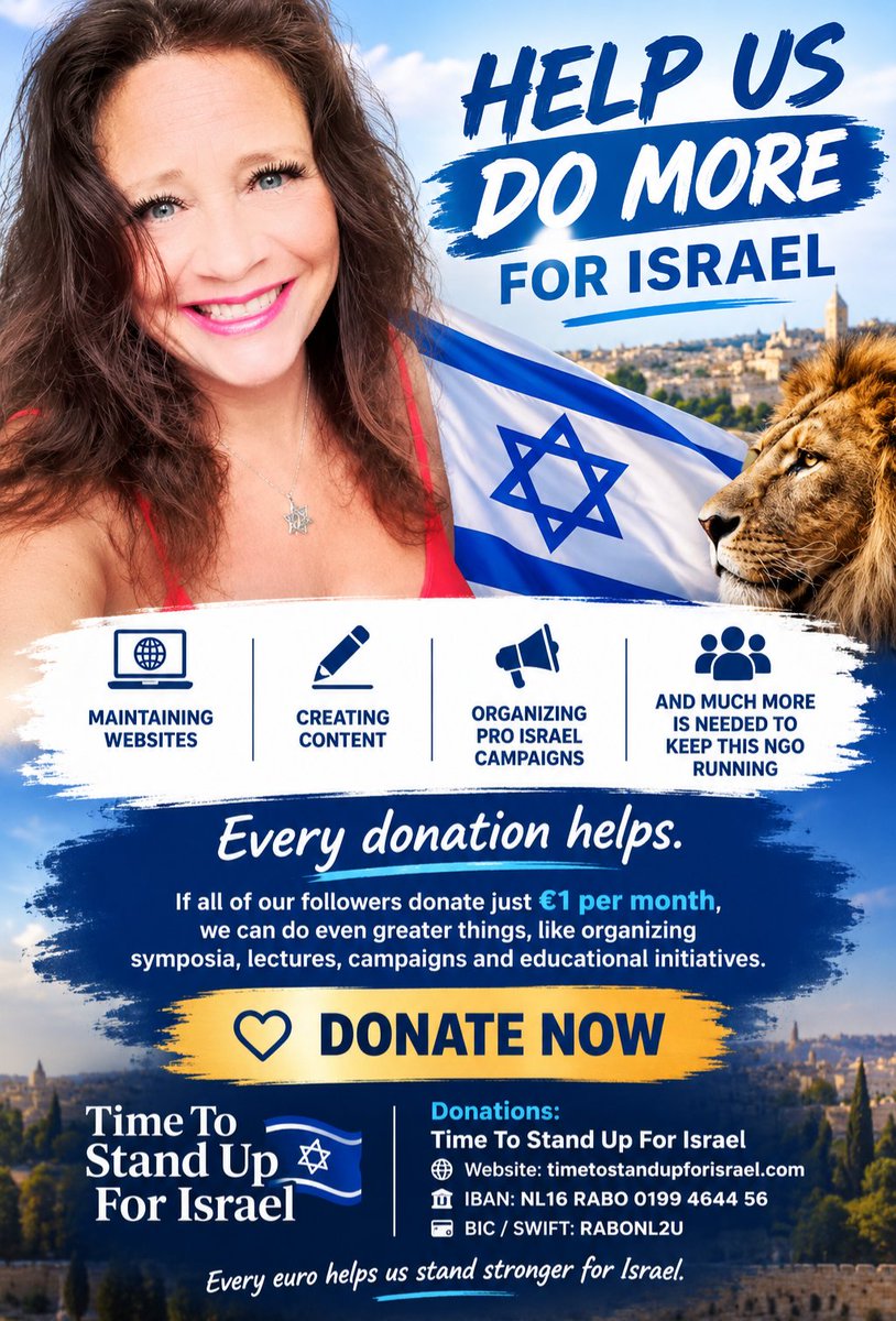 TTSUFISRAEL's tweet photo. HELP US DO MORE FOR ISRAEL 🇮🇱

Maintaining our websites, creating daily content, organizing pro Israel campaigns and expanding our reach all cost money.

Time To Stand Up For Israel needs your support to keep going and to grow.

Every donation helps. Imagine if every follower donated just €1 per month. We could do so much more, including organizing symposia, lectures, campaigns and educational initiatives.

If you believe our work matters, please support it.

DONATE NOW

Time To Stand Up For Israel
Website: https://t.co/LdPJkeEw41
IBAN: NL16 RABO 0199 4644 56
BIC / SWIFT: RABONL2U

Every euro helps us stand stronger for Israel.

#TimeToStandUpForIsrael