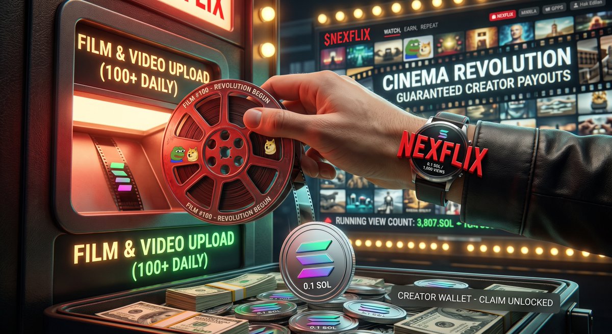 Nexflixonsol's tweet photo. My commitment to $NEXFLIX is 100%: I'm fully behind this project! 🫡

🔥 Uploading 100 new films &amp; videos every single day. 💰 Guaranteed payouts (0.1 $SOL per 1K views) sent straight to creator wallets.
Legacy streaming is over. We build &amp; earn! 🍿⚡ https://t.co/VMh0FMYIUF