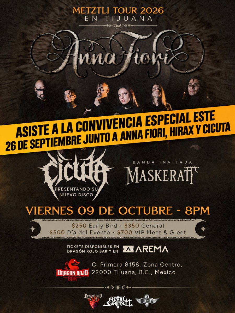 annafiorimx's tweet photo. Convivencia metalera mañana sábado 26 en Tijuana previo a nuestro show el viernes 9 de octubre 🤘🏻✨ con Katon de la banda estadounidense Hirax y RAfa de CICUTA. Info en la imagen! https://t.co/kJLGtCQY3J
