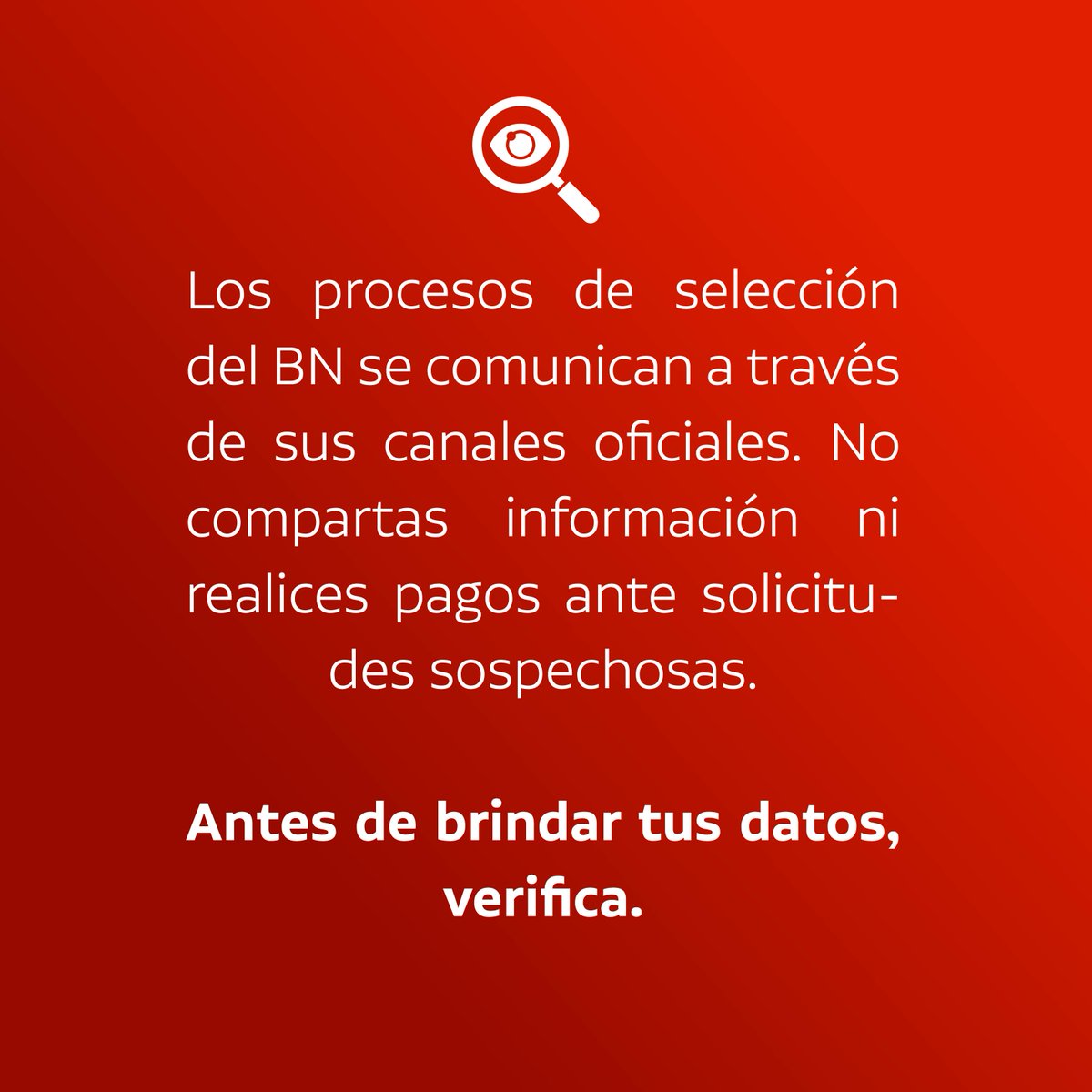 BancodelaNacion's tweet photo. 📷 ¡POSTULA CON SEGURIDAD! Revisa las oportunidades laborales del BN únicamente a través de sus canales oficiales y evita acceder a enlaces o mensajes de procedencia desconocida.
Encuentra nuestras convocatorias vigentes en: https://t.co/JFWEdCSxZu https://t.co/gW2qw5h8q2