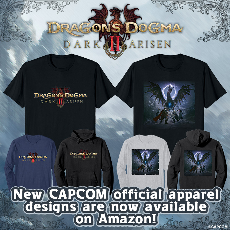 DragonsDogma's tweet photo. New designs from Dragon's Dogma 2: Dark Arisen have been added to the official Capcom apparel lineup, now available on Amazon!

👕 https://t.co/KNqb7Wv3EI https://t.co/VH49NKZ4KE