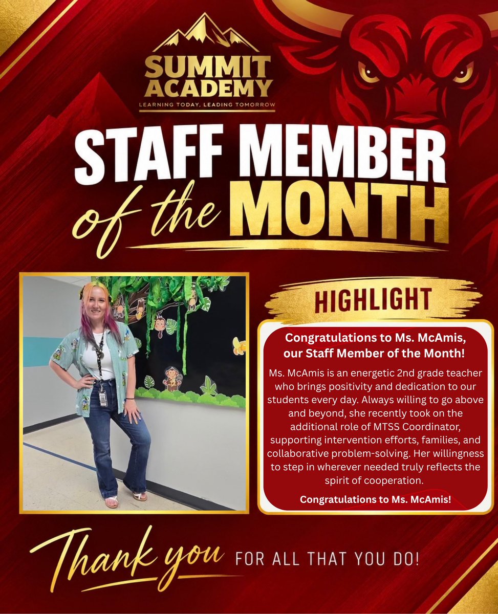 summitcharter_'s tweet photo. 🌟 Help us congratulate Ms. McAmis, Summit Academy’s Staff Member of the Month! ❤️💛

We’re so grateful to have her as part of our Bull family and appreciate the positive impact she makes on our school community each day. Congratulations on this well deserved recognition! 👏🐂 https://t.co/gHyzJ6qEcX