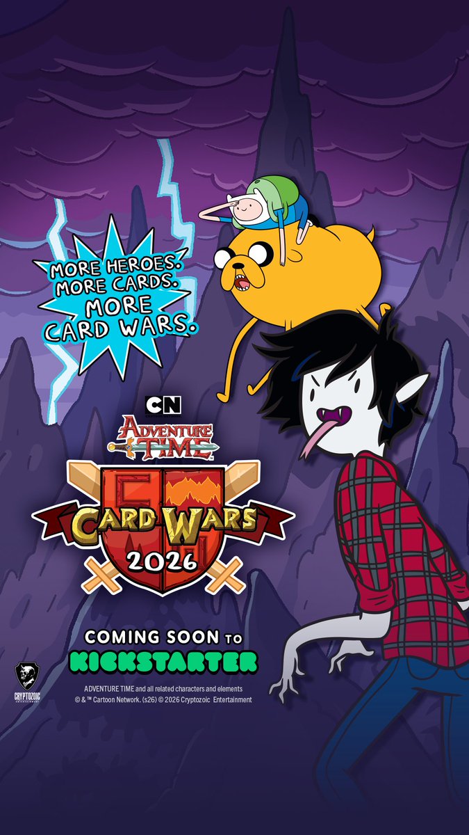 Cryptozoic's tweet photo. Adventure Time Card Wars 2026 is coming to Kickstarter!

Get ready for new decks, new Heroes, exclusives, and plenty of ba-nay-nay surprises!

Follow the campaign now and back on Day 1 to get two FREE alternate-art Finn and Jake Hero promo cards! https://t.co/EzKx1j5muC