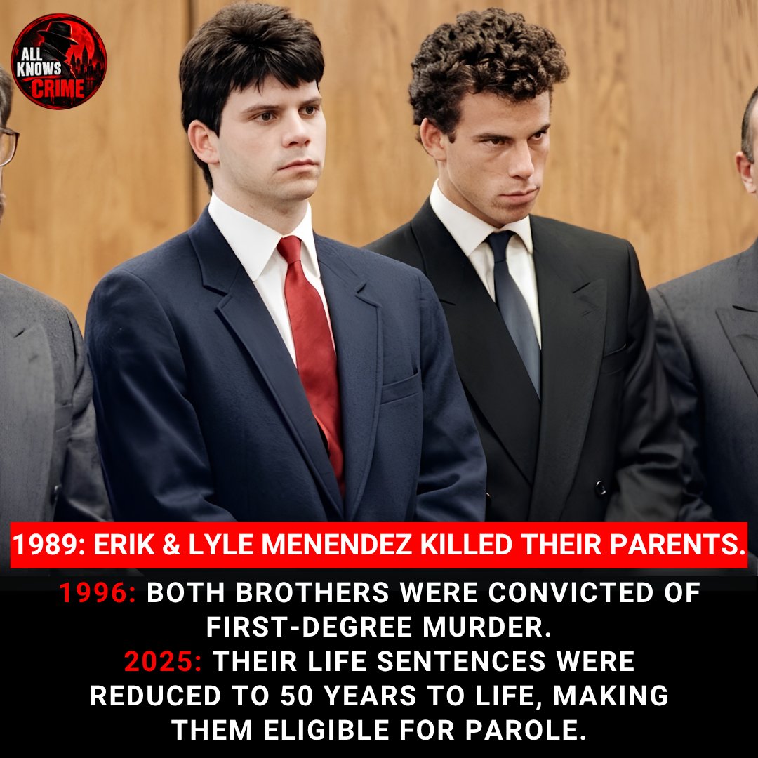 AllKnowsCrime's tweet photo. The Menendez Brothers Case: A New Chapter After 30 Years

On August 20, 1989, Erik and Lyle Menendez fatally shot their parents, José and Kitty, inside their Beverly Hills home. The brothers said they feared for their lives, while prosecutors argued money and inheritance were the motive. Convicted in 1996, both were sentenced to life without parole. In 2025, their sentences were reduced to 50 years to life, making them eligible for parole consideration.