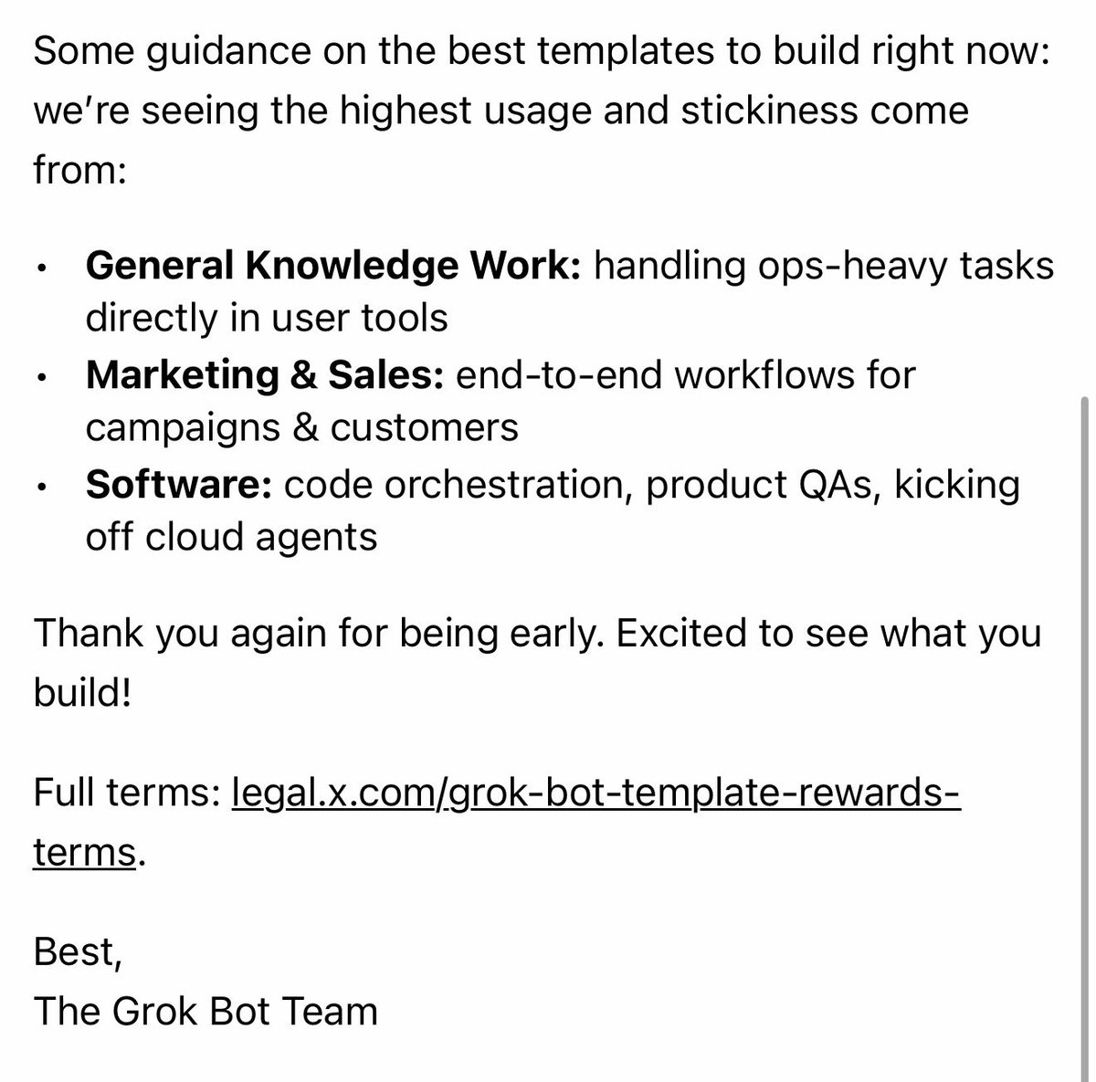 SawyerMerritt's tweet photo. SpaceXAI has just introduced Grok @Bot Creator Rewards!

Rewards will go out every two weeks. Rewards are based on usage:
• How many people use your Bots. Are your Bots useful and popular?
• How often your Bots are used. Are your Bots providing consistent value over time?

For your templates to be eligible for rewards, you must:
• Post about your public Bots (and specifically link to them) on X ≥ 2x per pay period
• Have X Money set up
• Payouts will be sent as part of X’s Original Content Rewards for now.
 
In the last two weeks, I’ve earned $500 in rewards due to people using my Home Robots template 🔥

More info: https://t.co/KyJ3yrpZu8