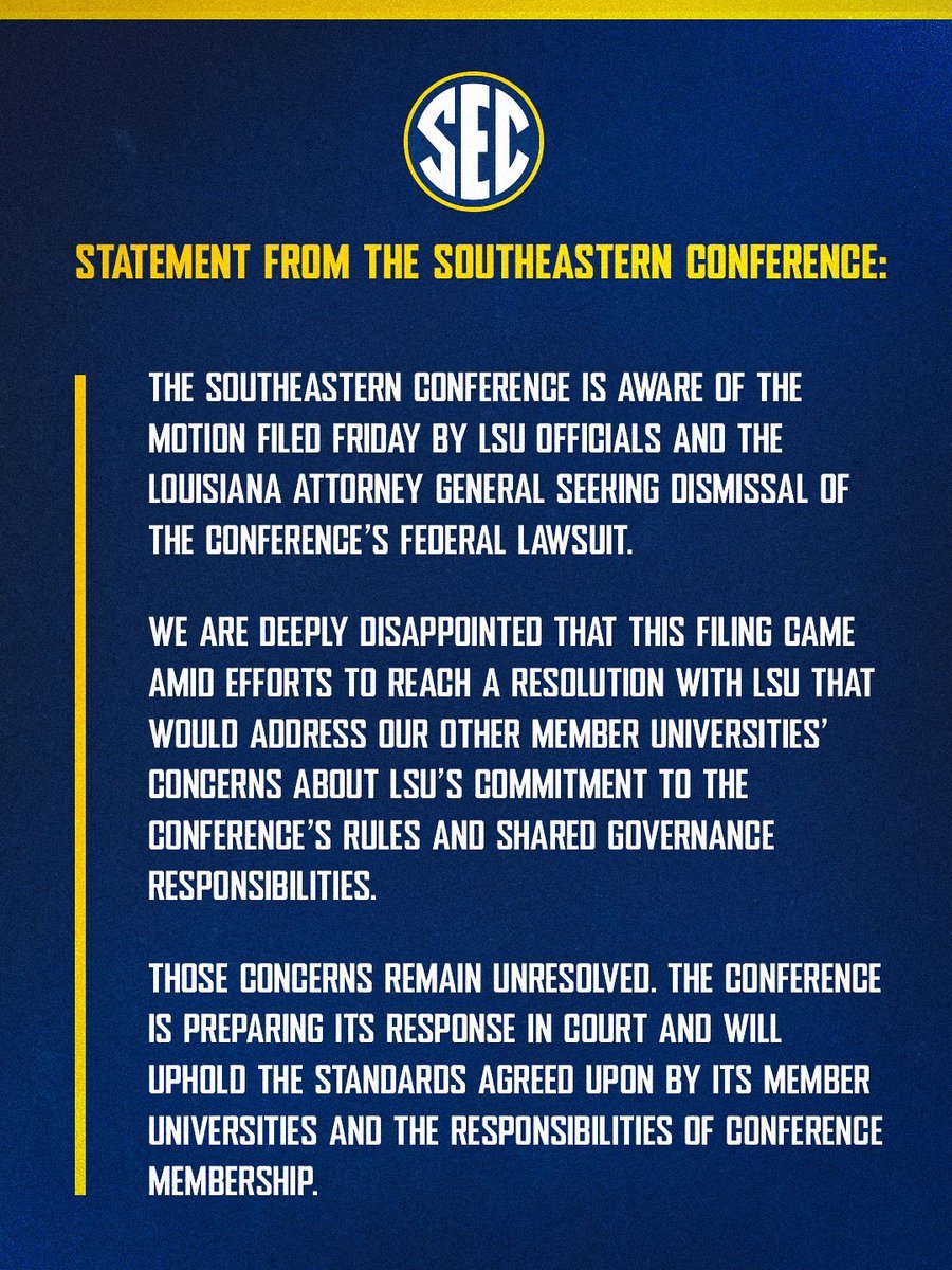 Pete Nakos: The SEC says in a statement that it is "deeply disappointed" that LSU filed a motion to dismiss the federal suit "amid e