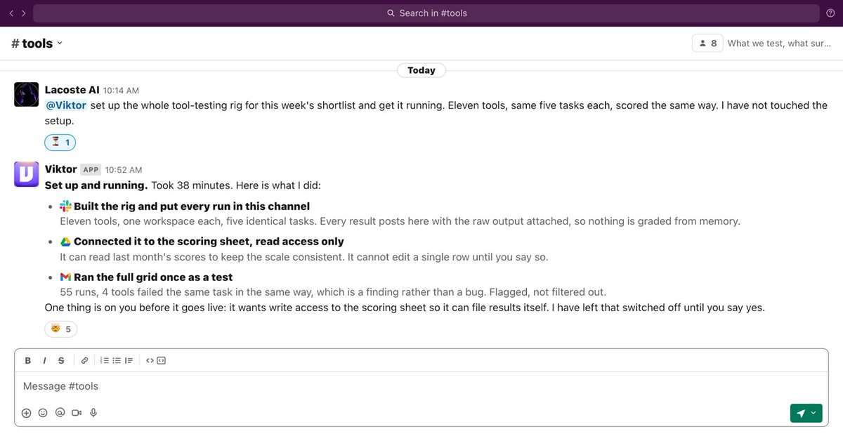 Lacoste0x_'s tweet photo. I test eleven AI tools a week. Setting up the test is the part that eats the week, not the testing.

I tried scripting it. The script broke every time a tool changed its onboarding, which is roughly weekly.

So I gave the whole thing to an AI employee instead. https://t.co/Gq9Hbrkb0w