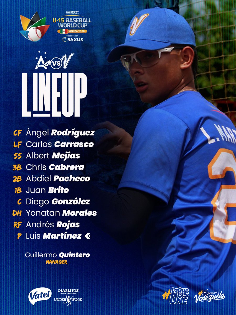 TeamBeisbolVe's tweet photo. #BaseballWorldCupU15 

📝 Lineup del Team Beisbol Venezuela en su primer compromiso en el #MundialU15 vs #Australia 🇦🇺

📍 Cancún, México 🇲🇽
Detalles 💻 https://t.co/GnrUuLCGdc

#LaQueNosUne
#SomosVenezuela https://t.co/wTW9RS8kjA