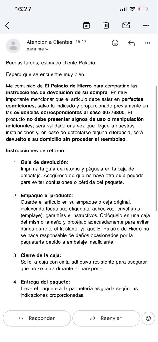 iammsg96's tweet photo. @palaciohierro Impositivos , condicionando la devolución y hasta prepotentes. Por algo que no aceptan que enviaron usado. Qué horror https://t.co/6IAUTdOuud
