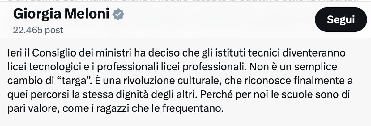 vitalbaa's tweet photo. Nessuno ha mai reputato non dignitoso frequentare un istituto tecnico.

Chiunque sa che la preparazione fornita da un istituto tecnico è diversa da quella offerta da un liceo.

Chiamarli entrambi «licei» non rende l’istituto tecnico più dignitoso di quanto già non sia né lo omologa al liceo.

Anzi, è proprio l’idea che per conferirgli maggiore dignità occorra chiamarlo «liceo» a tradire una concezione dell’istituto tecnico come scuola di serie B.