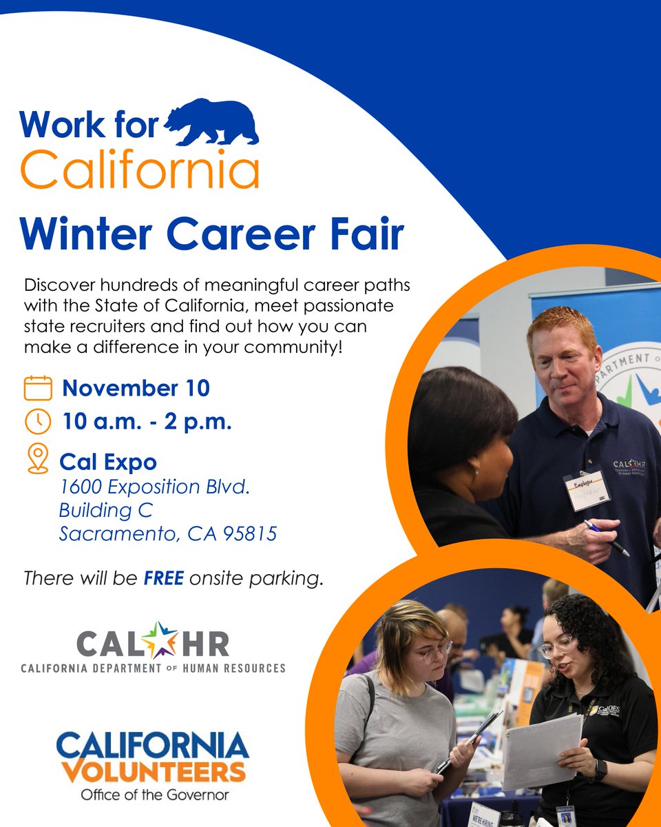 CalHR_gov's tweet photo. #CalHR is partnering with @CalVolunteers to host the #Work4CA Winter Career Fair! Discover hundreds of careers with the #StateOfCalifornia and connect with passionate state recruiters!

Register here: https://t.co/7zMasw3bPj https://t.co/bGbPjJk1Zk
