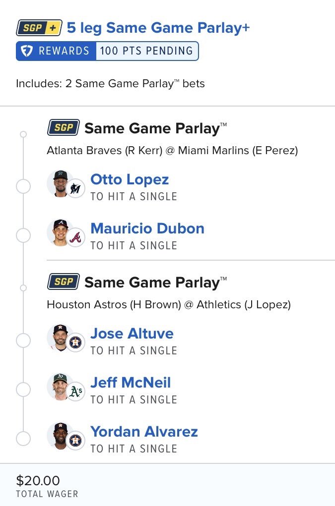 propnosis's tweet photo. A little Friday night parlay (+1465)

🔹Otto Lopez single (MIA)
🔹Mauricio Dubon single (ATL)
🔹Jose Altuve single (HOU)
🔹Yordan Alvarez single (HOU)
🔹Jeff McNeil single (OAK)

$20 pays $300+ https://t.co/OGRDsZ2Mh1