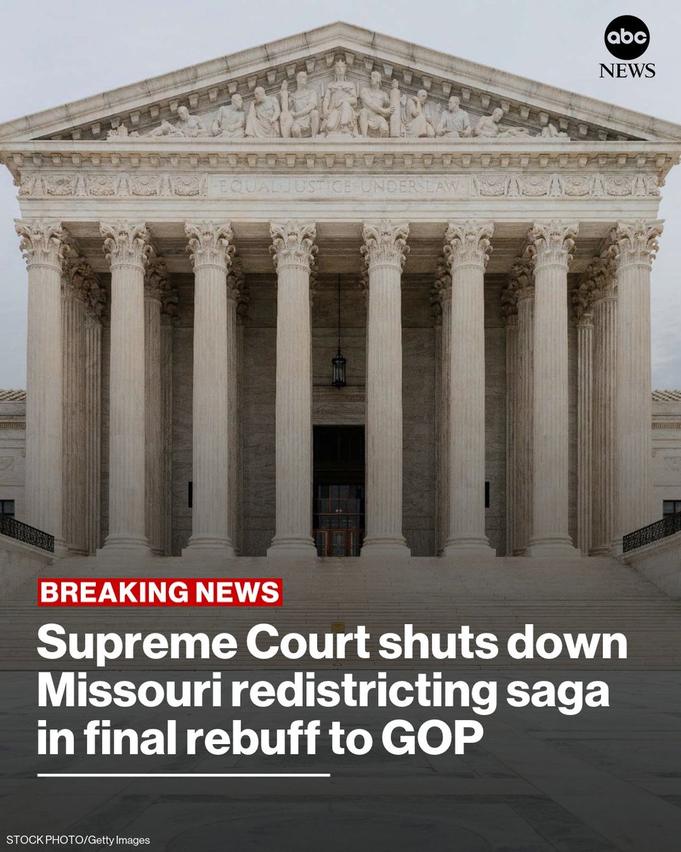 ABC's tweet photo. BREAKING: The U.S. Supreme Court moved to close the book on the chaotic legal battle in Missouri over a Republican bid to redraw congressional districts ahead of the November election. 

Read more: https://t.co/TVYKKJin7P https://t.co/Aet8SKvwir
