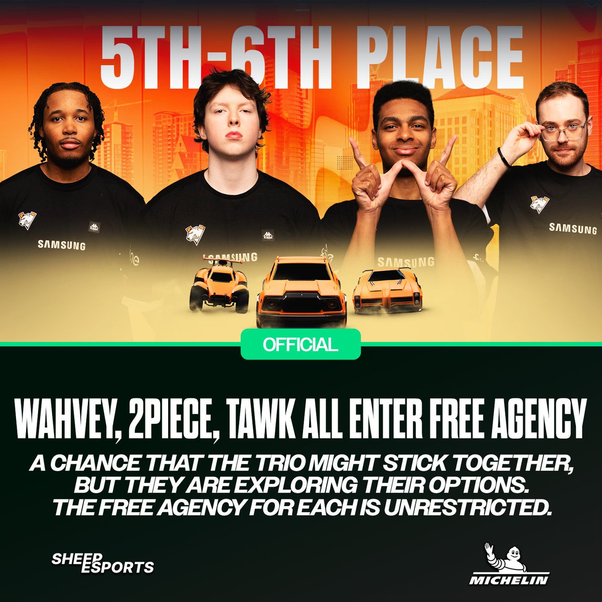 SheepRLE's tweet photo. [OFFICIAL] The VirtusPro trio of 2Piece, Tawk, and Wahvey have all announced that they are now Unrestricted Free Agents for the offseason.

#RLCS | @Michelin https://t.co/LzxFc2vv4U