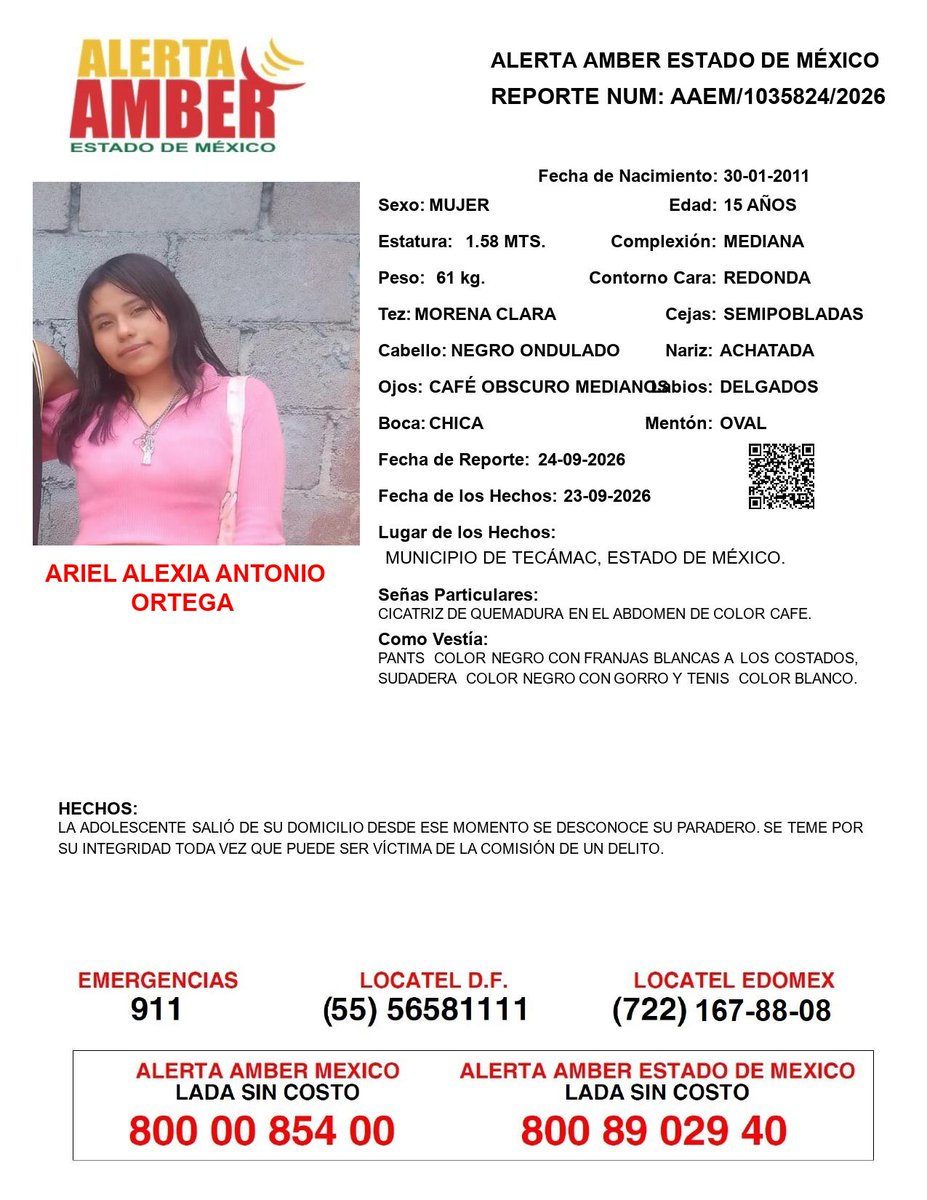 FiscaliaEdomex's tweet photo. 📍Tu apoyo es importante, ayúdanos a difundir, cualquier información para localizar a la siguiente persona comunícate al 📞 800 890 2940 Alerta Amber EDOMEX y ☎️ 800 7028 770 #FiscalíaEdoméx. https://t.co/HDQizYMKNP