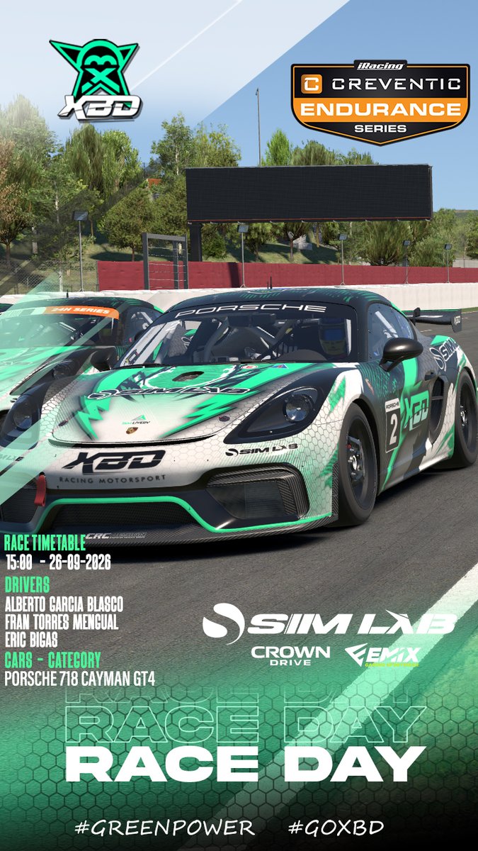 xbdracing's tweet photo. 📌 Doble acción Petit Lemans &amp; Creventic🔥

📍24h Barcelona en la Creventic
🏎️ Porsche GT4
⏳ 15:00hrs

📍 Petit Le Mans
🏎️ Dallara P217 LMP2
⏳ 14:00hrs

📹 24h Barc 👉 https://t.co/nL8Nro75Zh
📹 Petit 👉 https://t.co/tt7BYEP6mc

#GreenPower #SimLab @Emix_Gaming_ @CrownDrive 💚 https://t.co/LUyxcnC6hd