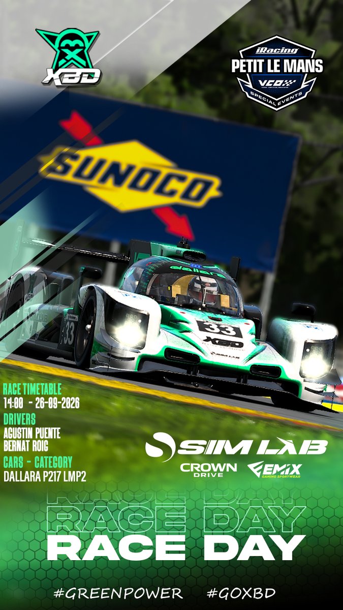 xbdracing's tweet photo. 📌 Doble acción Petit Lemans &amp; Creventic🔥

📍24h Barcelona en la Creventic
🏎️ Porsche GT4
⏳ 15:00hrs

📍 Petit Le Mans
🏎️ Dallara P217 LMP2
⏳ 14:00hrs

📹 24h Barc 👉 https://t.co/nL8Nro75Zh
📹 Petit 👉 https://t.co/tt7BYEP6mc

#GreenPower #SimLab @Emix_Gaming_ @CrownDrive 💚 https://t.co/LUyxcnC6hd