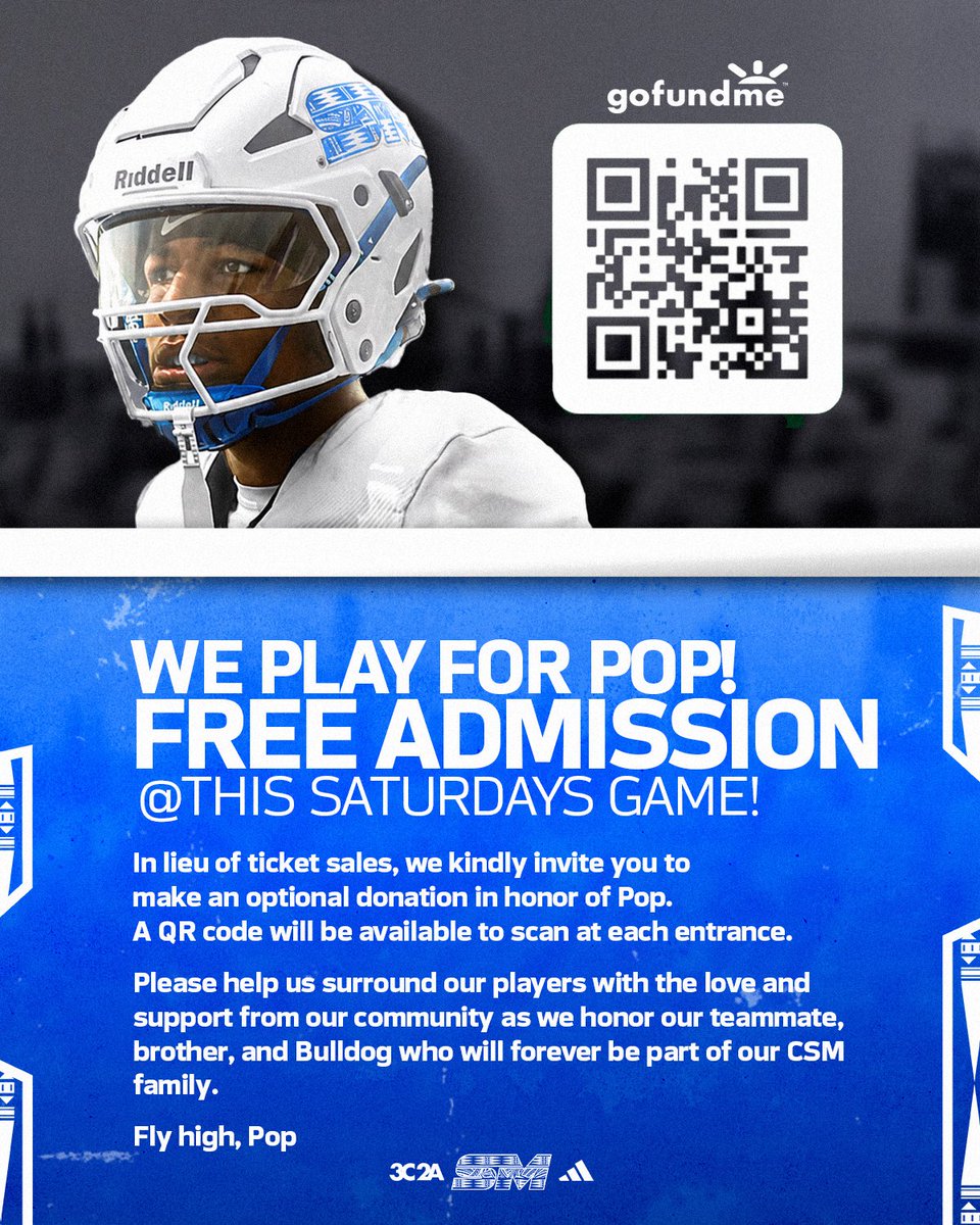 CSM_Football's tweet photo. Bulldog Family! 

Saturday’s game admission is FREE. Come together as we honor Pop and surround our players with love and support. 

CSM v DVC 
1PM - San Mateo https://t.co/xUcdvWwn8T
