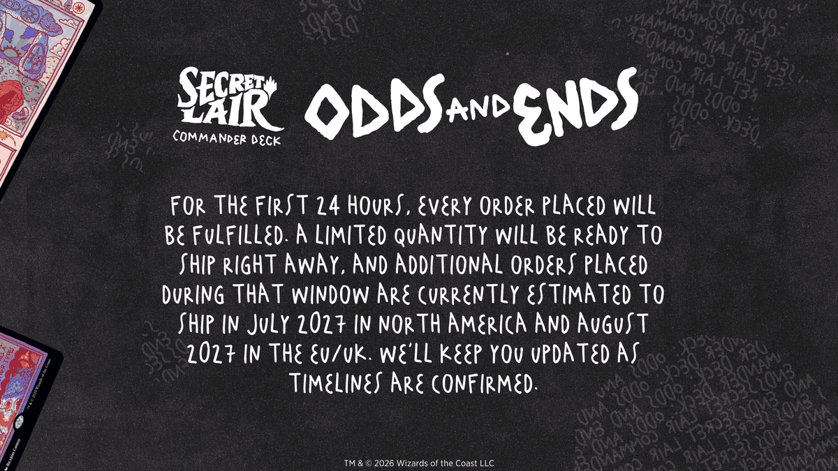 MTGSecretLair's tweet photo. You can turn your head or you can turn your phone, but you’ve gotta turn something. With the Secret Lair Commander Deck: Odds and Ends, every turn ends up somewhere odd. Out September 28—and for the first 24 hours, every order placed will be fulfilled. https://t.co/N4l1vmgLMV