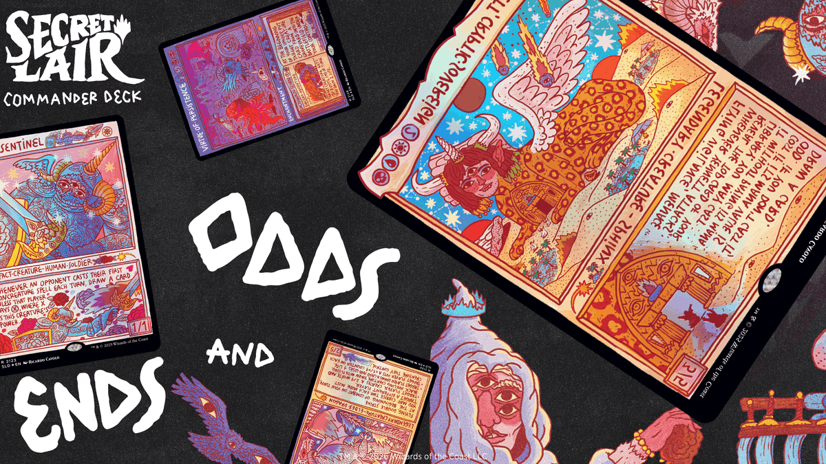 MTGSecretLair's tweet photo. You can turn your head or you can turn your phone, but you’ve gotta turn something. With the Secret Lair Commander Deck: Odds and Ends, every turn ends up somewhere odd. Out September 28—and for the first 24 hours, every order placed will be fulfilled. https://t.co/N4l1vmgLMV