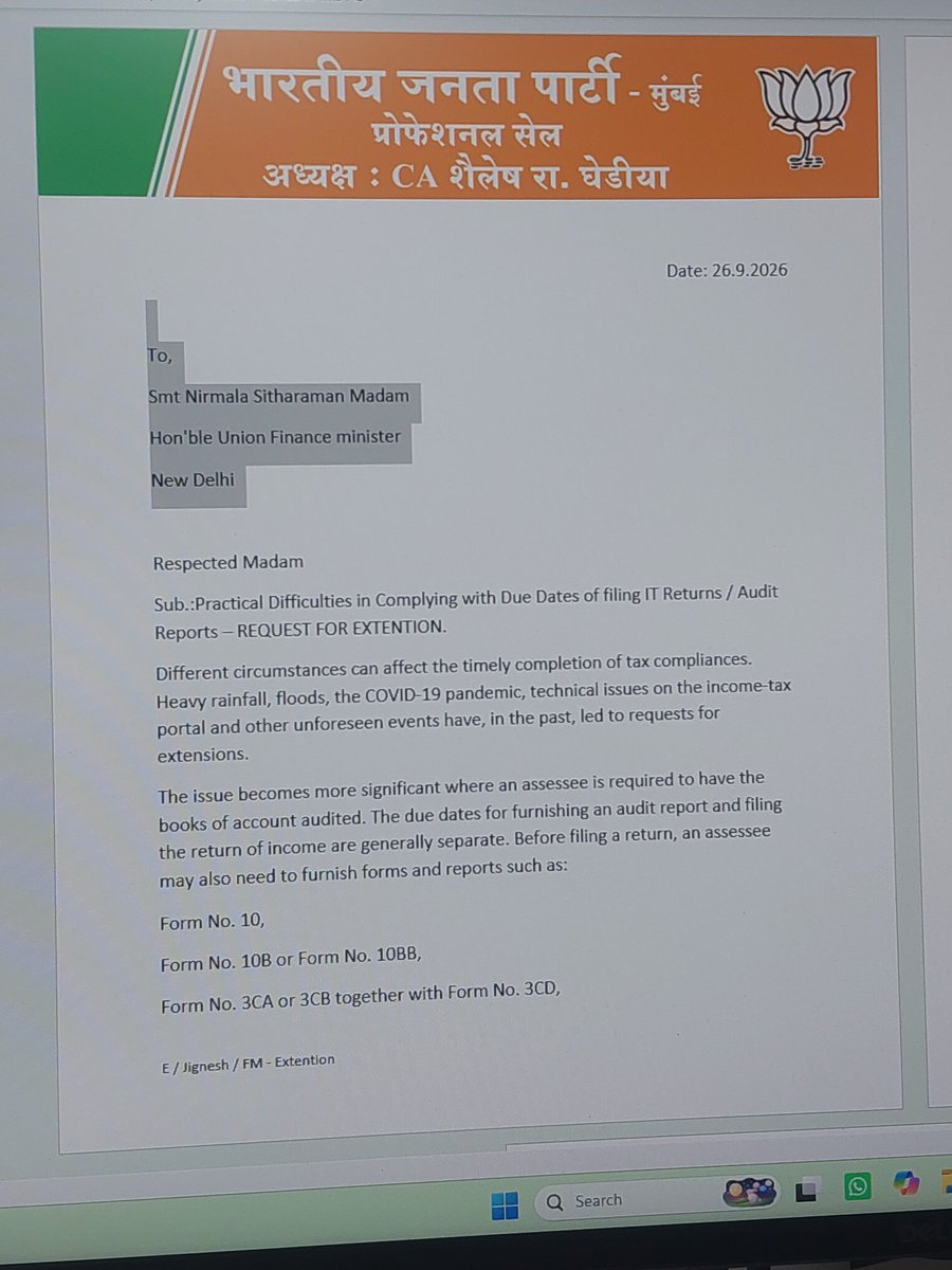 AdvocateBLJain's tweet photo. BJP प्रोफेशनल सेल मुंबई द्वारा भी इनकम टैक्स ऑडिट ड्यू डेट एक्सटेंशन केलिए रेस्पेक्टेड FM मैडम नईदिल्ली को ज्ञापन भेजा गया।माननीय राजस्थान &amp;MP हाईकोर्ट में याचिकाएं भी सुनवाई हेतु विचाराधीन हैं।जनहित में उचित निर्णय आज ही लेना उपयुक्त रहेगा।
@theicai 
@BJP4India https://t.co/awW57CaTW5
