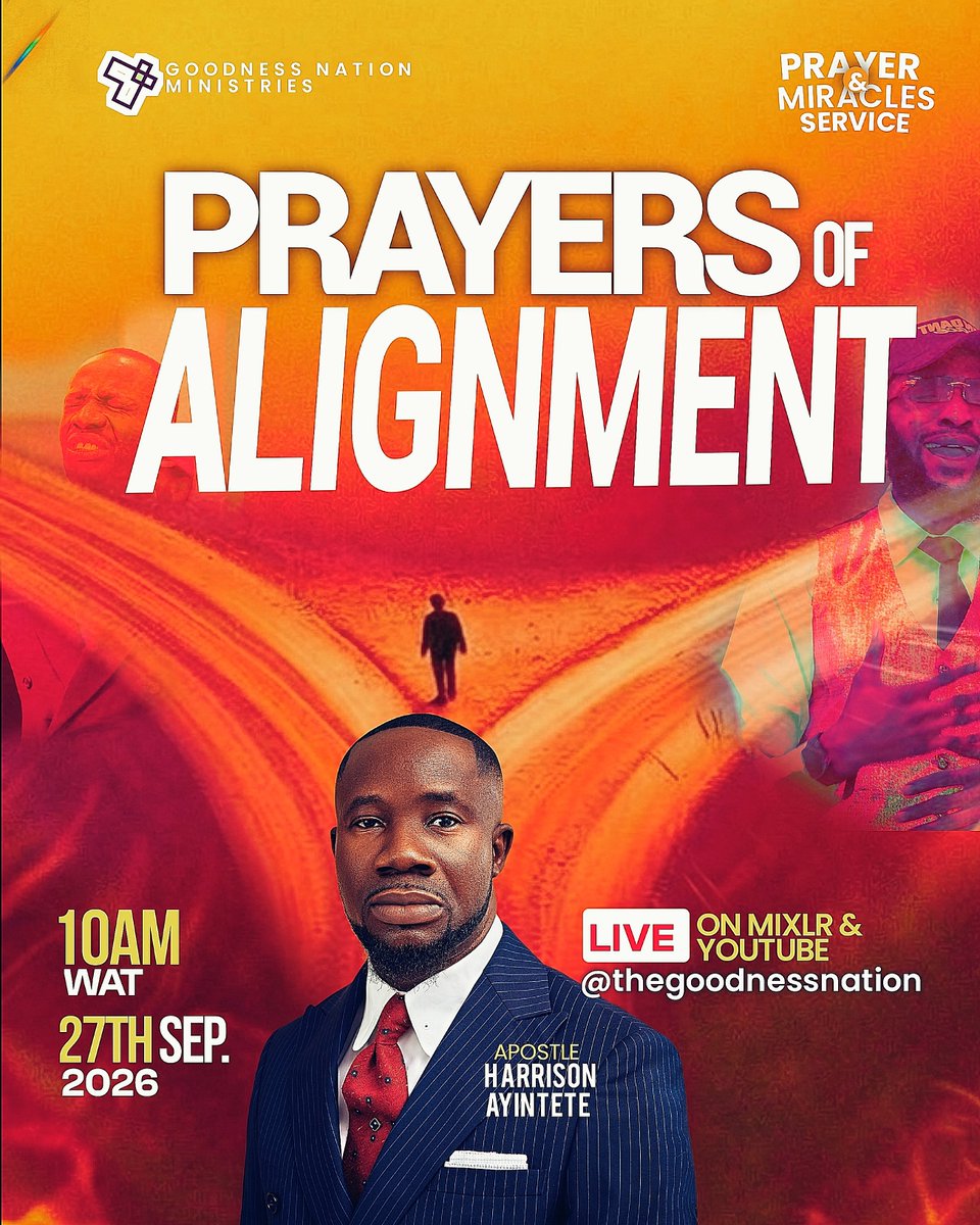 GoodnessNation's tweet photo. It's another Prayer and Miracles Service this Sunday! 🔥🔥🔥🔥🔥

Another time of intense prayers, making supply of the Spirit and effecting changes by God's power. 

This Sunday, we are praying PRAYERS OF ALIGNMENT 🔥🔥🔥🔥🔥

We are praying to be in sync with our provisions. https://t.co/J0flFG12rv