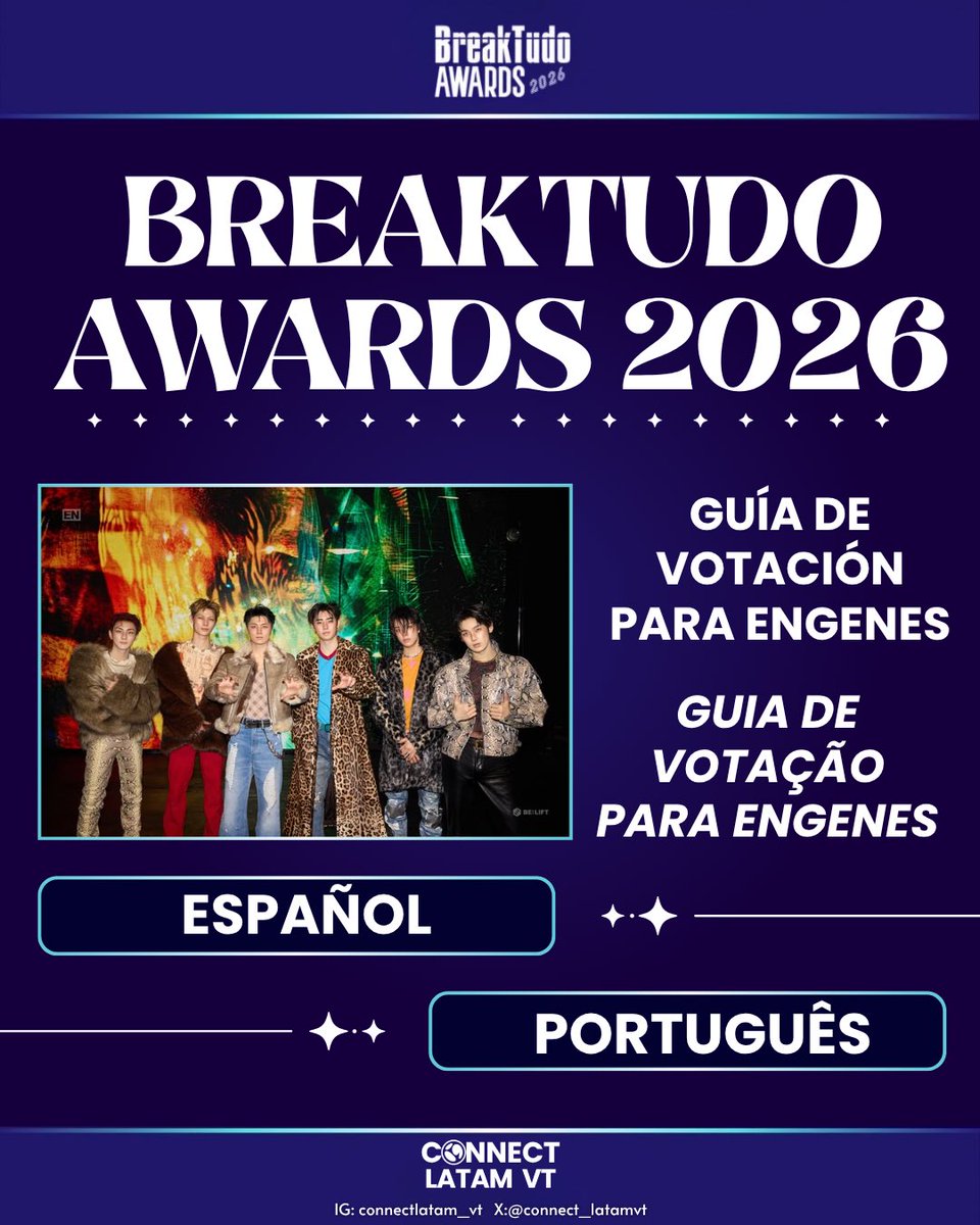 CONNECT_LATAMVT's tweet photo. 🔎 GUÍA DE VOTACIÓN PARA ENGENE
🗳️BREAKTUDO 2026
🗣️ESPAÑOL/ PORTUGUÊS
ENGENE, tenemos 3 nominaciones en los Breaktudo Awards 2026, así que asegúrate de leer esta guía de votación para participar. En este hilo encontrarás:
💜Explicación de qué es Breaktudo
💜Categorías en las que están nominados
💜Tutorial de cómo votar
💜Horario de finalización
-Asegúrate de compartir esta información con más engenes, y votar desde aquí ⬇️
🔗 https://t.co/qDdUNEx6Ie
ENHYPEN BREAKING LIMITS
#BreakTudoWithENGENES #VoteENHYPENBTA2026
#ENHYPEN #엔하이픈 #エンハイプン
@ENHYPEN @ENHYPEN_members
